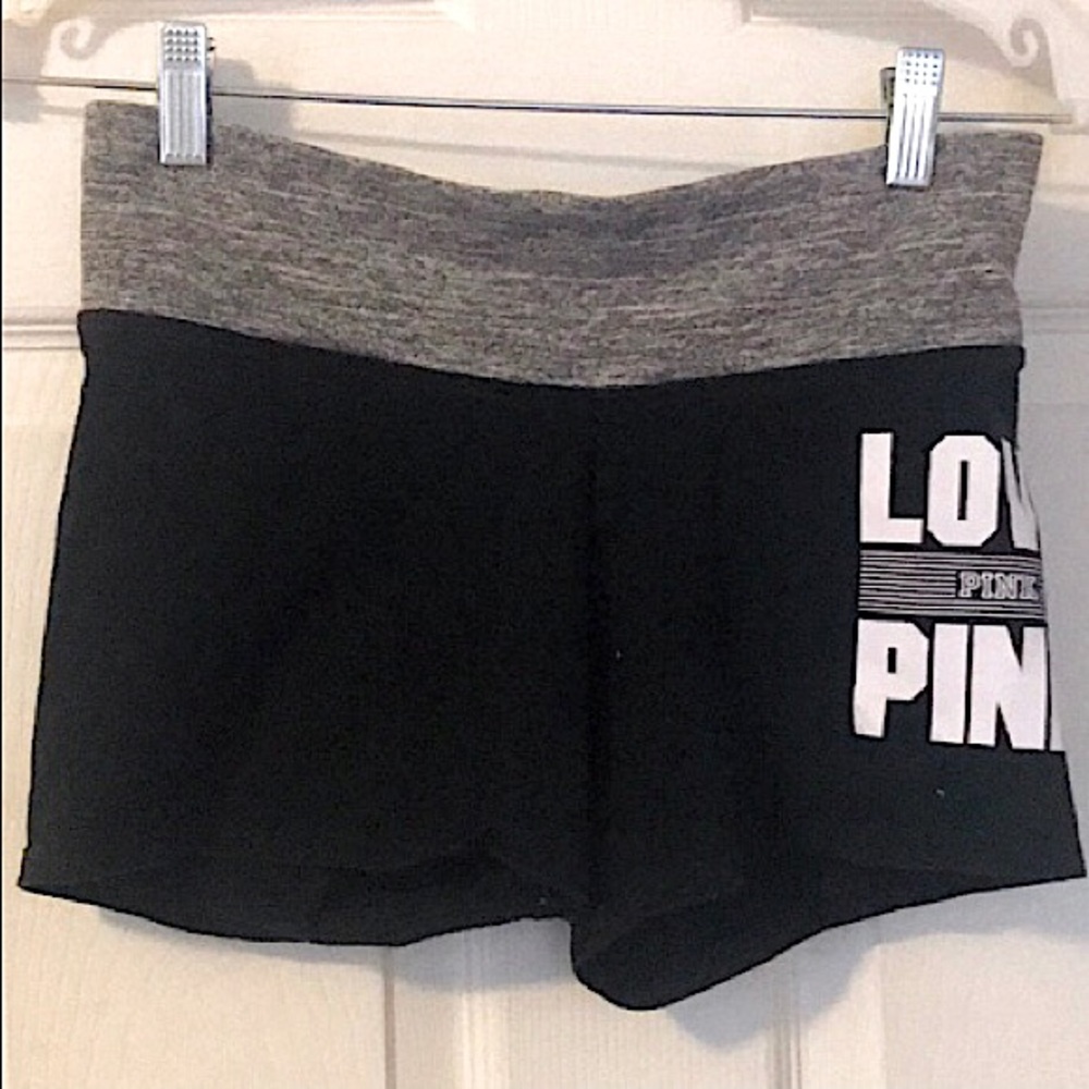🔥EUC PINK/VS SUPER CUTE YOGA SHORTIES BLACK&GRAY&PINK NATION WRITING IN WHITE!!